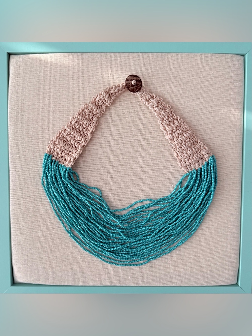 Boho Turquoise Beaded Statement Necklace - Knitted Neutral Cord Brand New